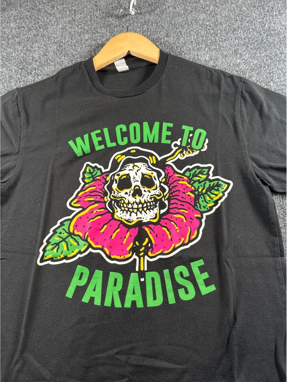 Welcome to Paradise Skull Flower Graphic T Shirt Mens Medium Black Gothic